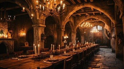 A grand medieval banquet hall with long wooden tables, candlelit chandeliers, and historical reenactments
