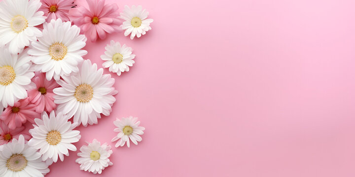 Flower View Stock Photos,Rose Daisies Background Image,Abstract background with elegant pink flowers bouquet with gold details of border in top view Gentle dahlias or chrysanthemum romantic frame Hor
