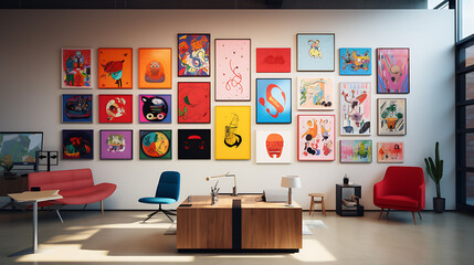 A creative agency's office wall with an ever-changing art installation, 