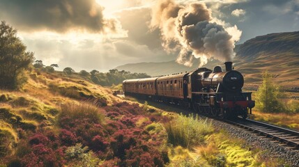 A historic train journey through scenic landscapes with vintage carriages and a steam locomotive - obrazy, fototapety, plakaty