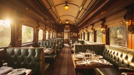 A luxurious vintage train journey with elegant dining cars, scenic routes, and first-class service