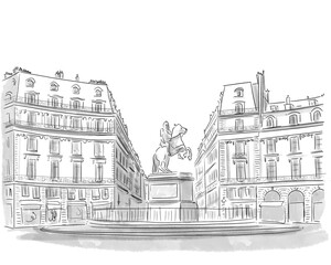 Illustration en noir et blanc de monument de Paris, Place de la victoire