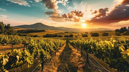 A panoramic view of a vineyard at sunset with rows of grapevines and a distant mountain
