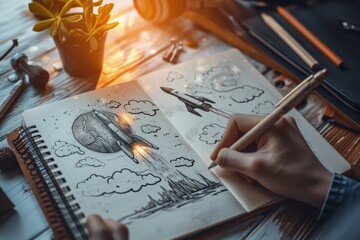 Person drawing a rocket in a notebook, startup and creativity concept. Generative AI - obrazy, fototapety, plakaty
