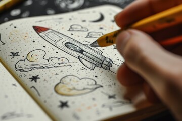 Person drawing a rocket in a notebook, startup and creativity concept. Generative AI - obrazy, fototapety, plakaty