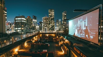 A rooftop film screening in an urban setting with an outdoor projector and city skyline backdrop