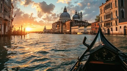 A romantic gondola ride in Venice at sunset with historic buildings and canals