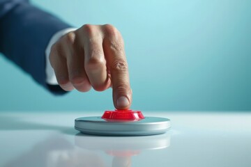 Businessman hand pressing red button, business concept, blue background. Generative AI
