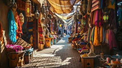 A traditional Arabian souk with colorful textiles, spices, lanterns, and bustling local merchants - obrazy, fototapety, plakaty