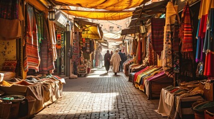 A traditional Moroccan bazaar with colorful textiles, spices, and bustling shoppers
