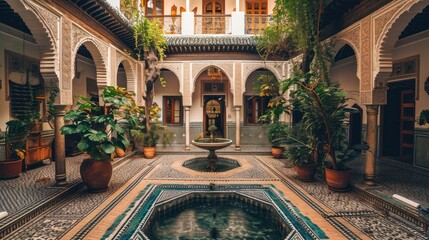 A traditional Moroccan riad with a central courtyard, intricate tile work, and a tranquil water feature - obrazy, fototapety, plakaty