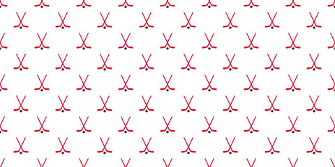 Hockey vector background. Ice hockey stick and puck seamless pattern in a Canadian flag traditional colors and maple leaf symbols. Winter sports repeated texture for sporting designs, prints