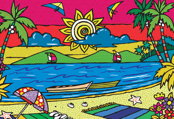 Fototapeta na wymiar Multicolored, vector illustration of coastal tropical landscape.