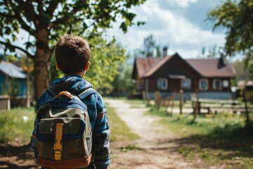 Child with school bag on his back on the way to school, back to school. Generative AI