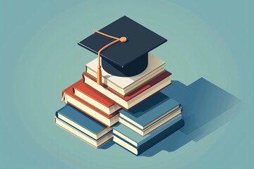 Illustration of a stack of books with graduation cap on top, education and learning concept, blue background. Generative AI