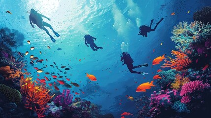 Fototapeta na wymiar A vibrant coral reef underwater scene with divers exploring, tropical fish, and colorful sea life