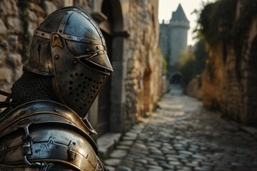 Medieval knight with armor on a street, castle in the background, fantasy concept. Generative AI - obrazy, fototapety, plakaty