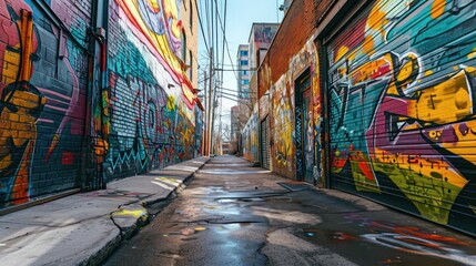 A vibrant mural in an urban alleyway depicting cultural heritage, street art, and community spirit