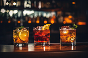 A lively nightlife scene at the bar with a variety of cocktails, including bourbon, whiskey, and citrus mixes.