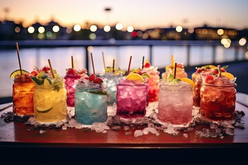 A stylish outdoors party setup featuring a variety of frozen cocktails, ice, and vibrant beverages.