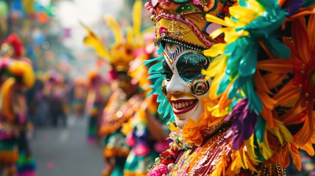 A vibrant street parade with colorful floats and costumed performers