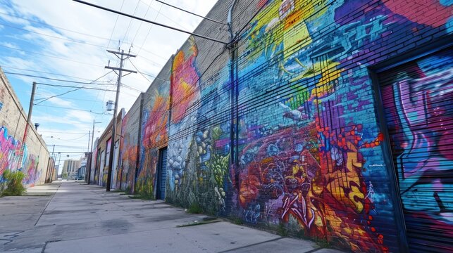 A vibrant urban art district with galleries, street murals, artist studios, and creative events