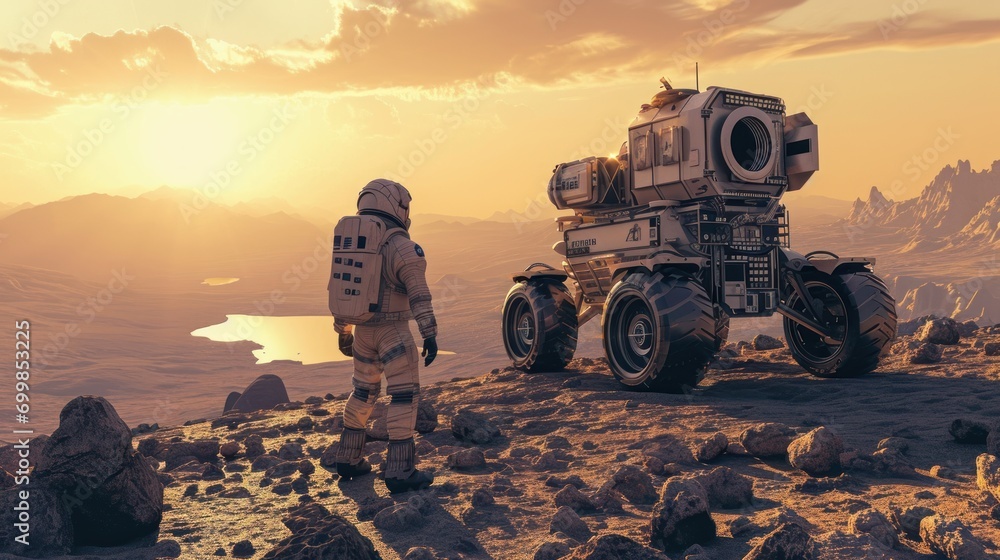 Poster an astronaut exploring the surface of a distant planet with a futuristic rover