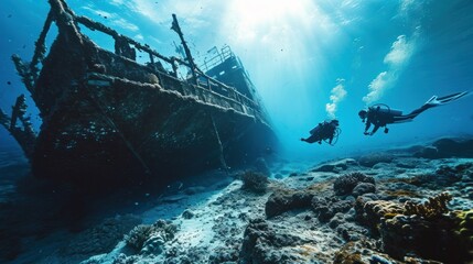 An underwater exploration scene with scuba divers discovering a sunken shipwreck - obrazy, fototapety, plakaty