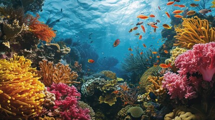 An underwater scene with colorful coral reefs and diverse marine life