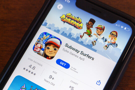 Vancouver, CANADA - Dec 22 2023 : Subway Surfers app seen in App Store on iPhone screen. Subway Surfers is a runner mobile game which is developed by Kiloo and SYBO Games