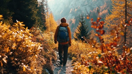 Autumn hiking in the mountains, fall colors, nature trail, outdoor adventure.