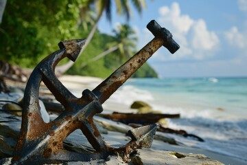Ancient anchor of a pirate ship in the sand of the beach, sea in the background. Generative AI