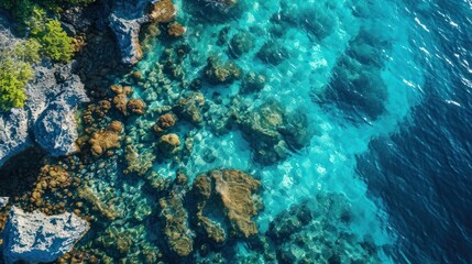 Breathtaking aerial view of a coral reef in crystal clear tropical waters