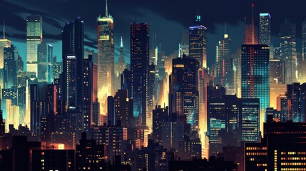 City skyline at night with illuminated skyscrapers and urban architecture.