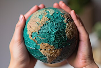 Digital illustration of hand holding earth globe, globalization concept. Generative AI - obrazy, fototapety, plakaty