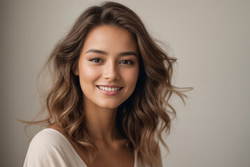 A woman touches healthy facial skin. Portrait of a smiling model girl with natural makeup, isolated on a white background