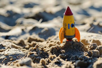 Toy rocket on the beach sand, bokeh background, business and startup concept. Generative AI