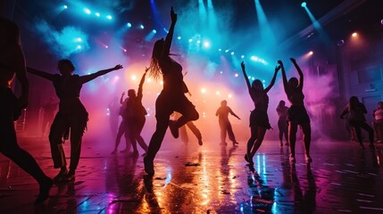 Energetic dance performance on a stage with colorful lighting