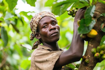 Worker harvesting cocoa, agriculture concept. Generative AI