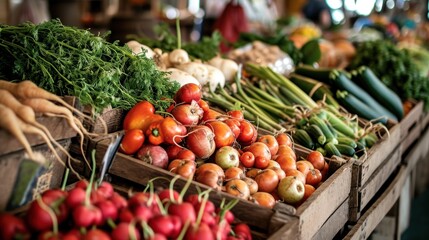 Fototapeta na wymiar Fresh organic produce, farmers market, vegetables, fruits, healthy lifestyle.