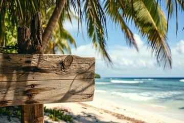 Landscape with a wooden board, sea and coconut tree in the background. Generative AI