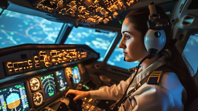 Image of a female pilot in a flight simulator, training for commercial airline piloting, with cockpit controls and screens
