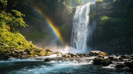 Fototapeta na wymiar Majestic waterfall in a tropical rainforest with a rainbow