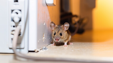 Close up mouse sits near chewed wire in an apartment kitchen