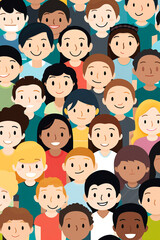 Colorful cartoon image of a group of different nationalities of people all together. Seamless pattern vertical banner