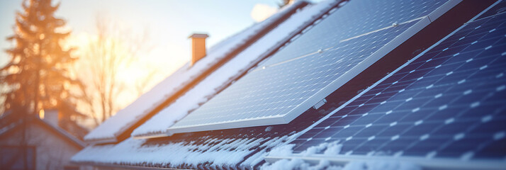 Close up shot of solar panels on a house roof in the winter season