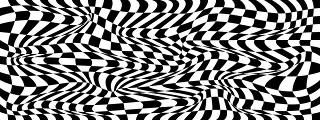 Abstract black and white chess texture 3d background. Wave pattern with the effect of illusion. Vector illustration.