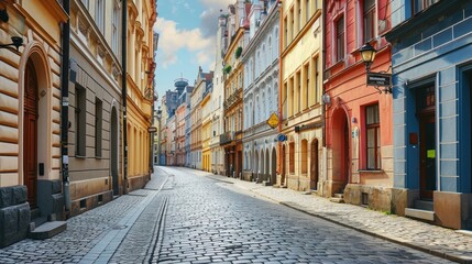 Fototapeta premium Quaint European street with cobblestone roads and colorful buildings