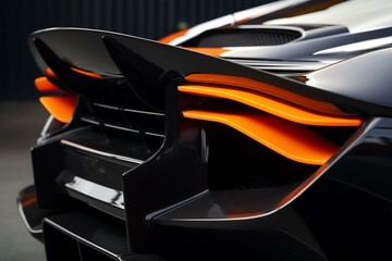 Big carbon spoiler wing on the trunk of modern supercar. Generative AI - obrazy, fototapety, plakaty