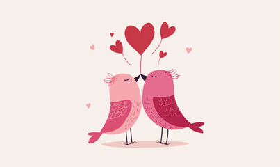 valentine's day concept, Love Birds - Stylized Pink Couple with Heart Balloons on Cream Background